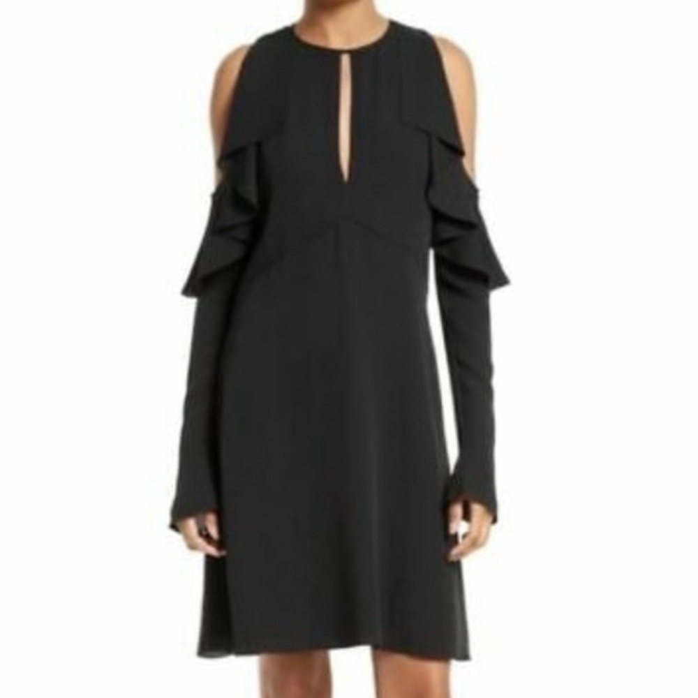 Theory off shoulder ruffled silk dress